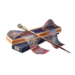 Réplique de collection de la baguette de Ron Weasley, présentée dans une boîte signée Ollivander et un écrin moulé en velours.